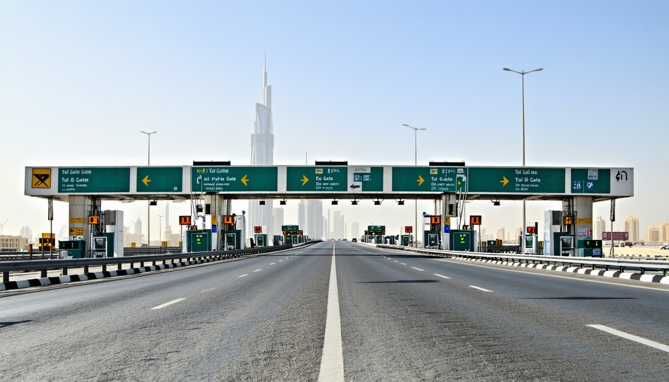 Modern Dubai highway with electronic toll gates