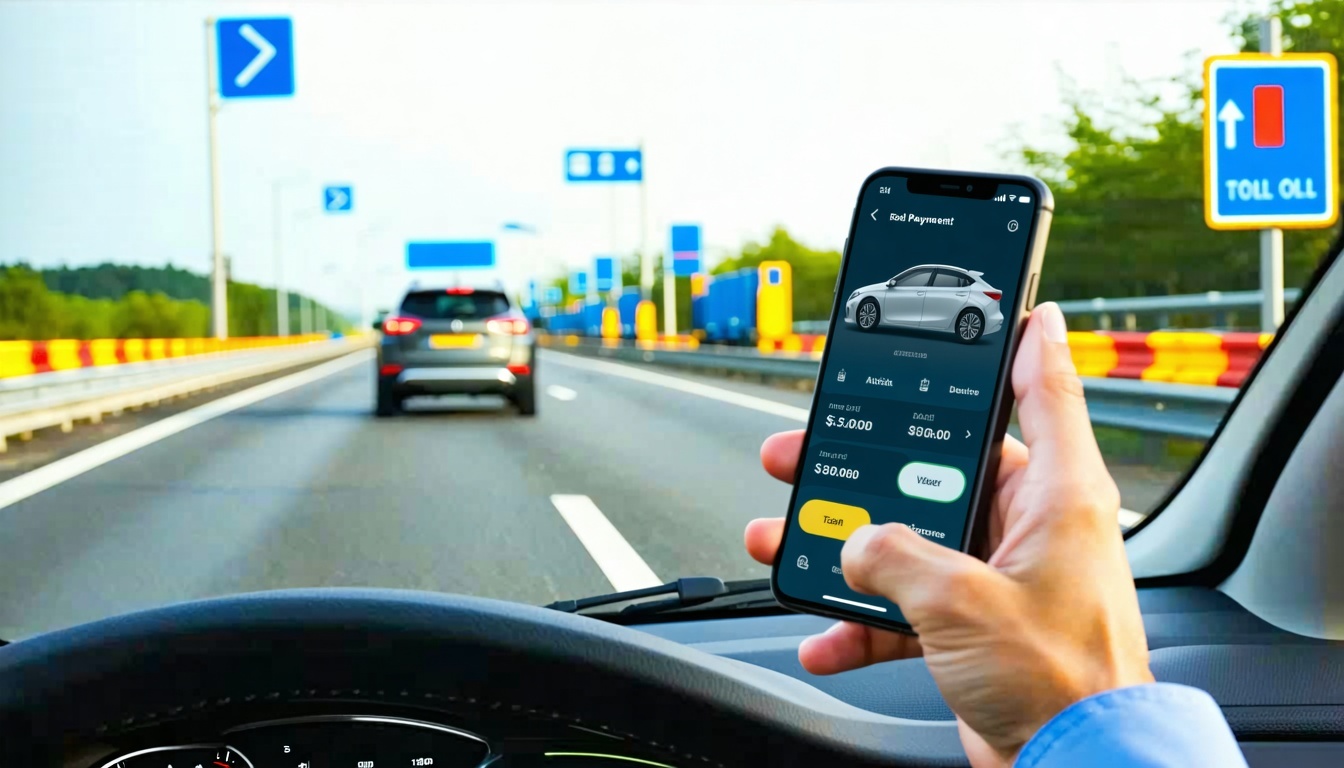 Driver using a mobile app for road toll payment