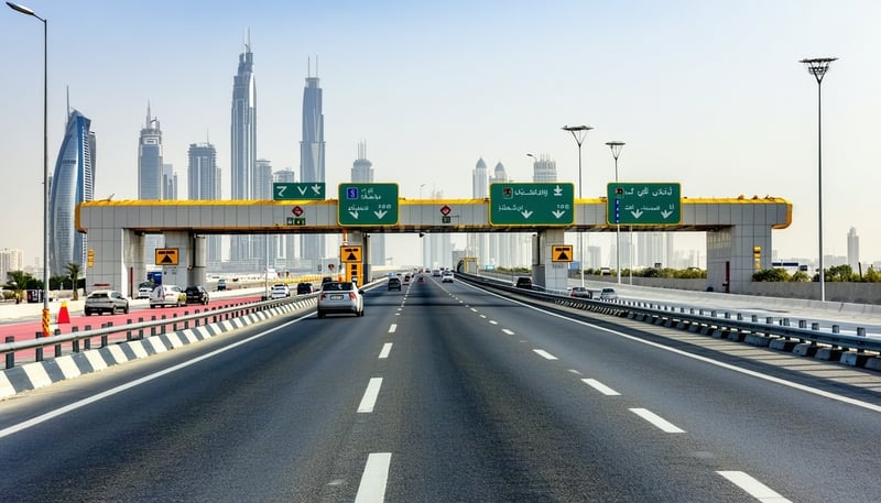 Modern Dubai highway with toll gate and city skyline Modern Dubai highway with toll gate and city skyline